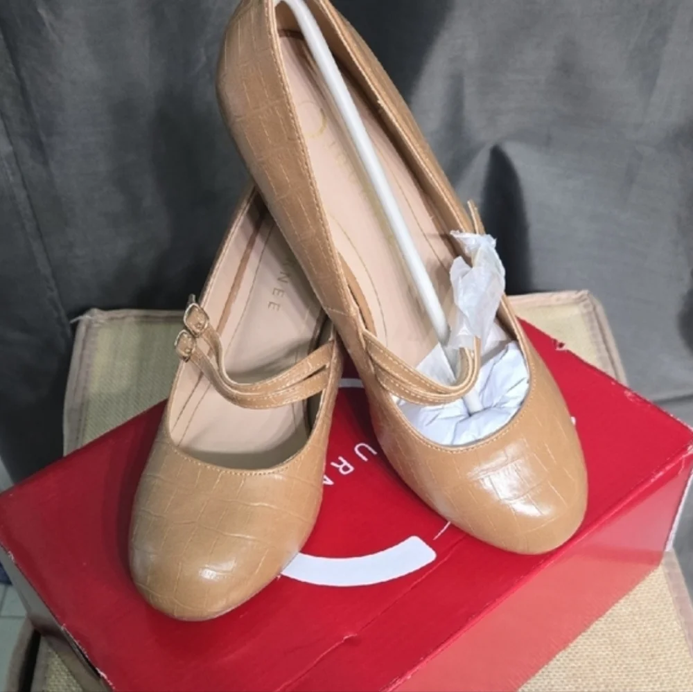 8 Wide Journee Collection Tan Mary Jane Heels